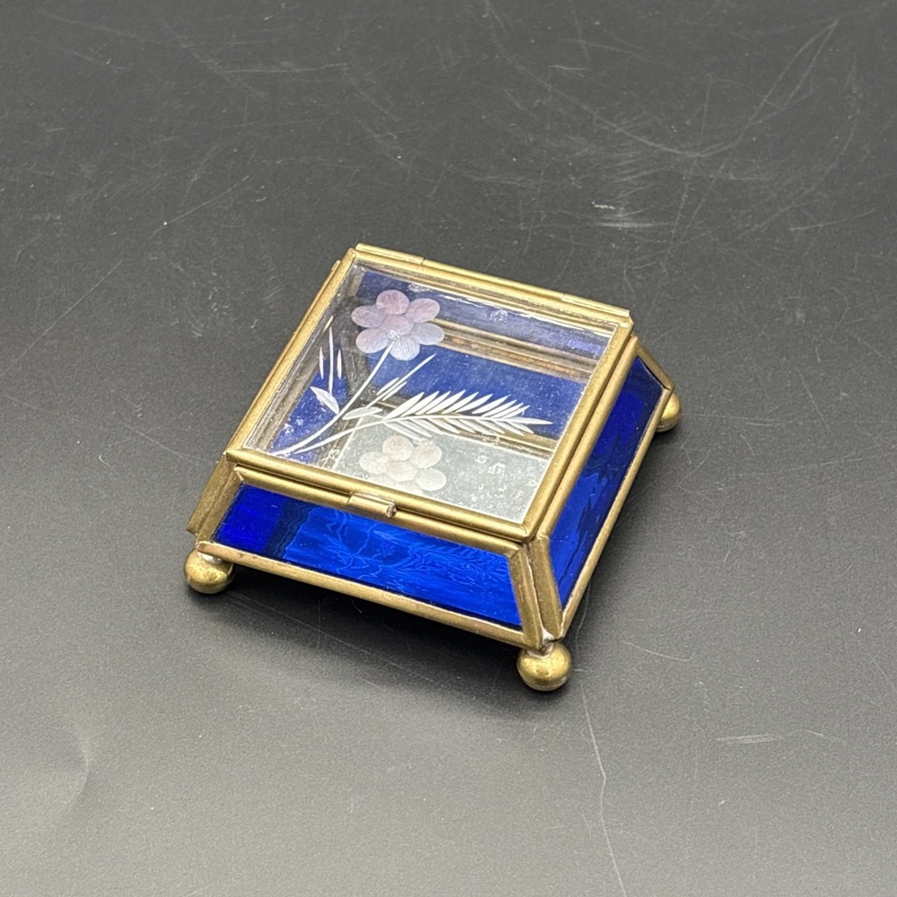 Vintage Via Vermont Cobalt Blue Stained Glass Trinket Box - Etched Floral Lid